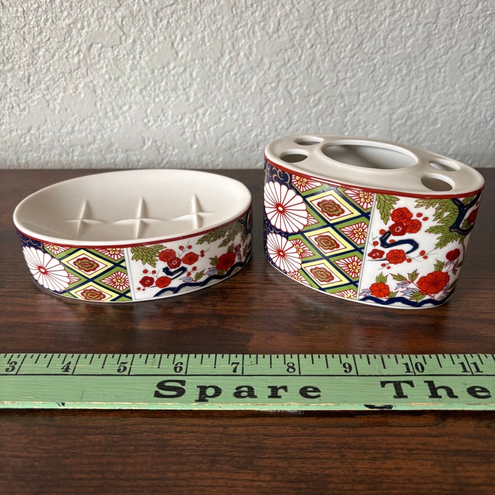 Vintage‎ Japanese Ceramic MCM Bathroom Set Toothbrush Holder Soap Dish Floral